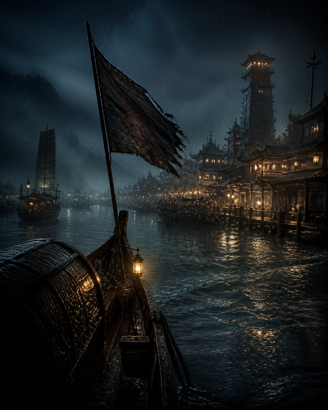 云水江湖——雨夜江面的渡口,一面镖旗挑在船头破开雾气,远处漕帮码头的灯火没入深蓝夜色
